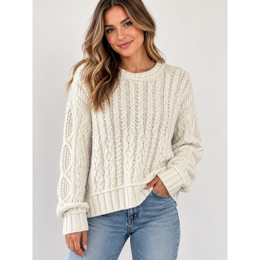Lucky Brand Cable Knit Sweater Womens Medium Cream White Pullover Cotton Blend